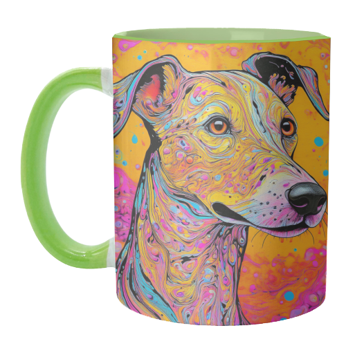 Mugs, Colourful Whippet Dog Marbled Pet Portrait by Adam Reg