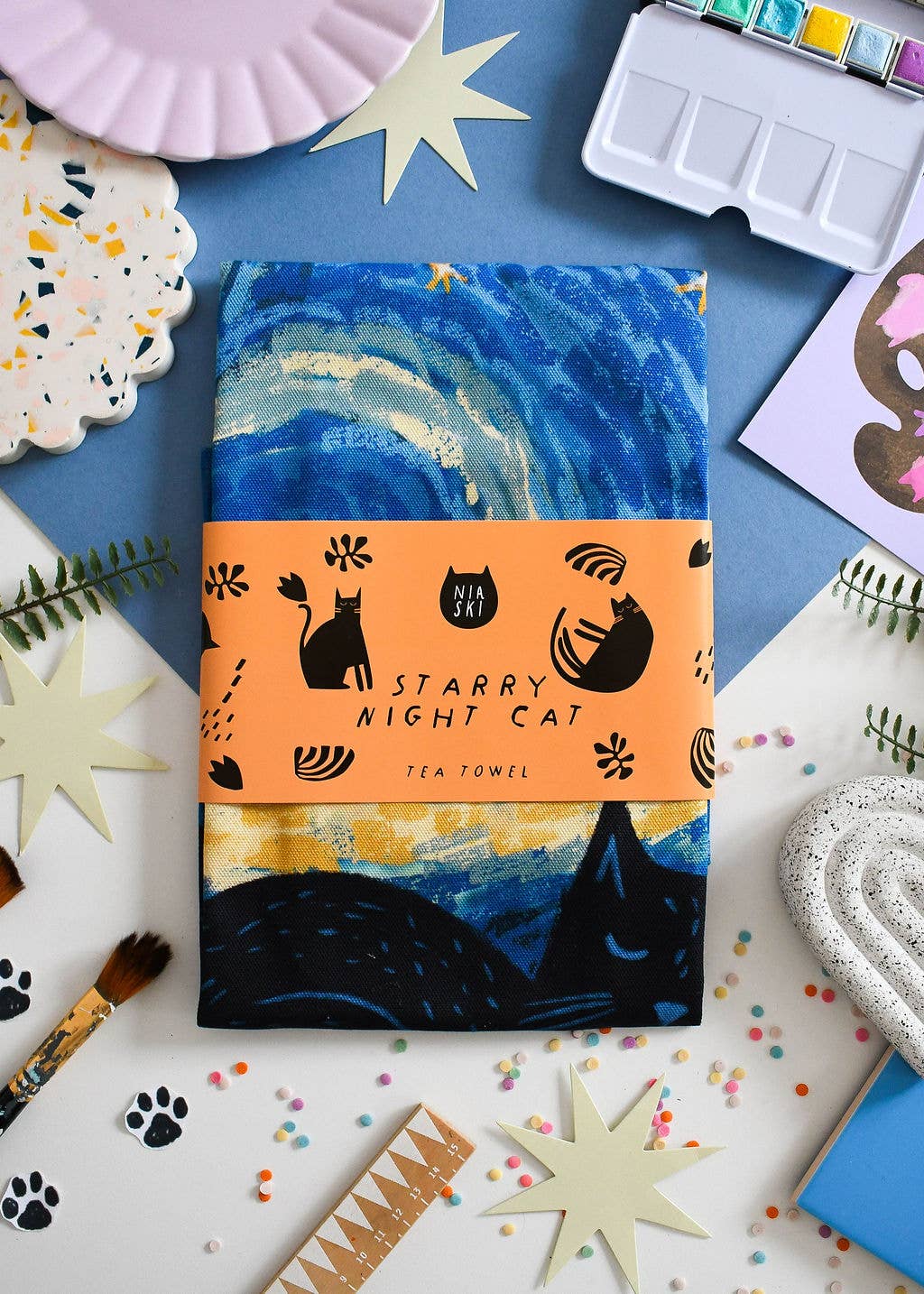 Starry Night Cat Tea Towel 