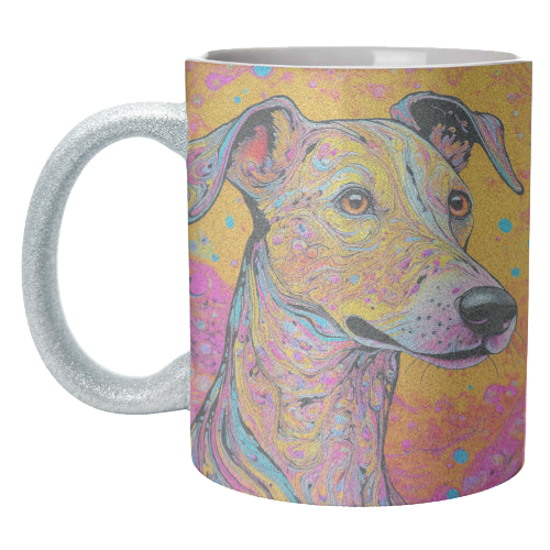 Mugs, Colourful Whippet Dog Marbled Pet Portrait by Adam Reg