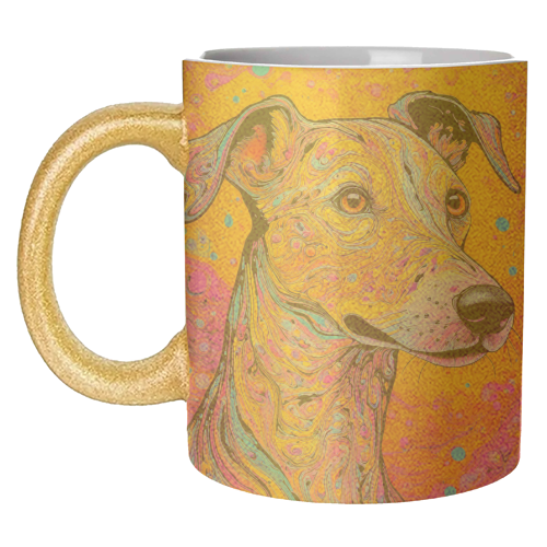 Mugs, Colourful Whippet Dog Marbled Pet Portrait by Adam Reg
