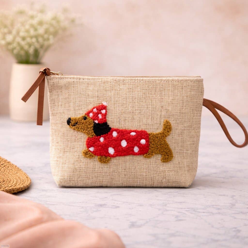 Sausage Dog Polka Dot Punch Needle Jute Clutch Bag