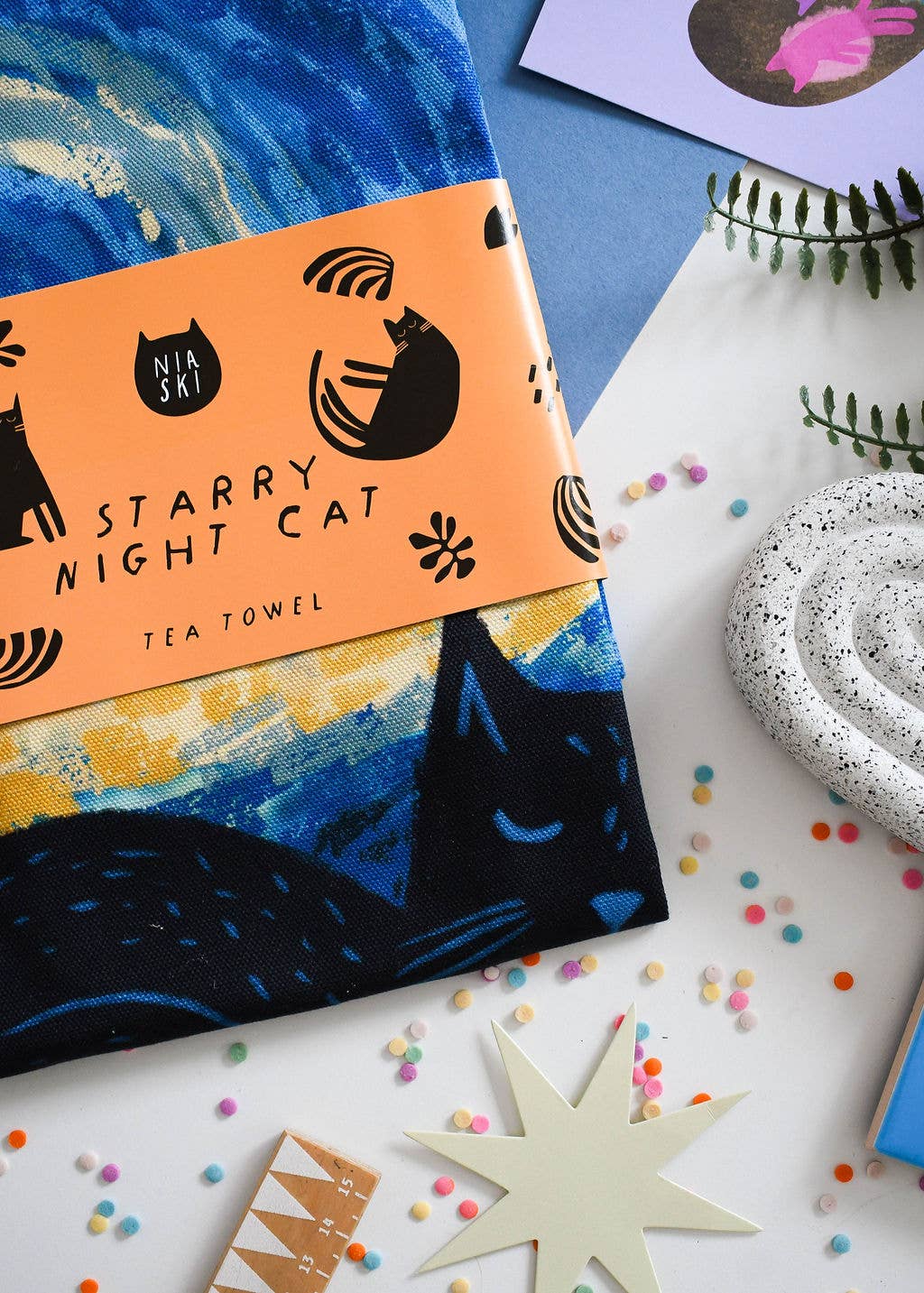 Starry Night Cat Tea Towel 