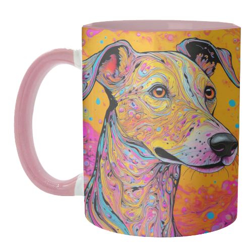 Mugs, Colourful Whippet Dog Marbled Pet Portrait by Adam Reg
