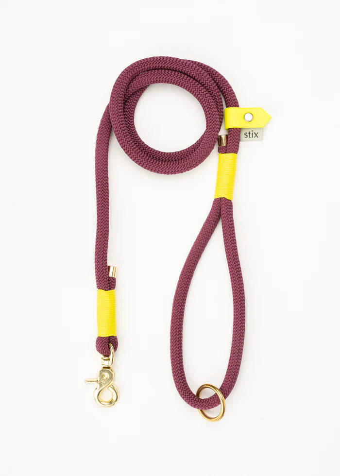 Stix Dog Lead - Burgundy with Yellow