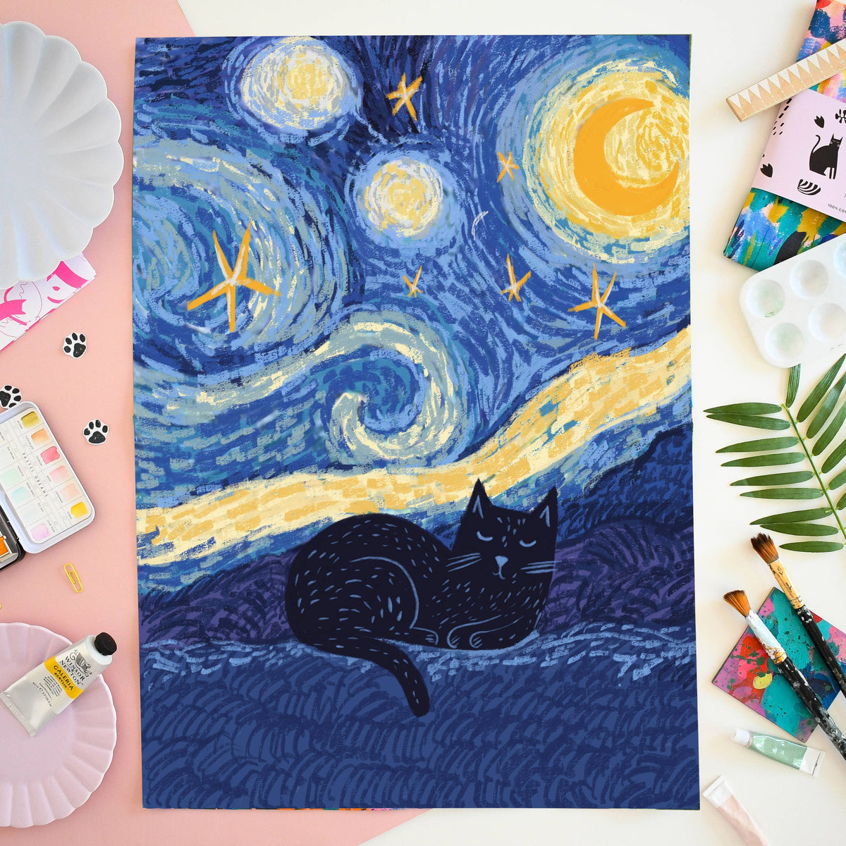 Starry Night Cat Tea Towel 