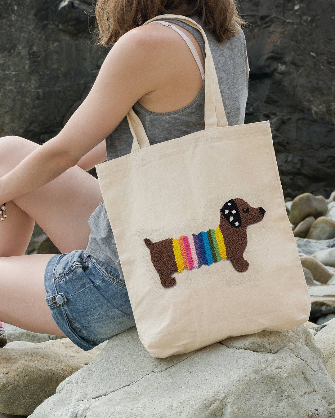 Sausage Dog Punch Needle Tote Bag