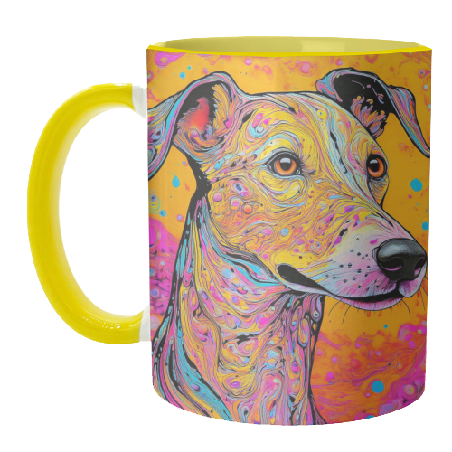 Mugs, Colourful Whippet Dog Marbled Pet Portrait by Adam Reg