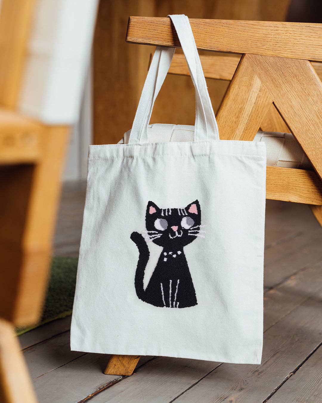 Black Cat Punch Needle Canvas Tote Bag