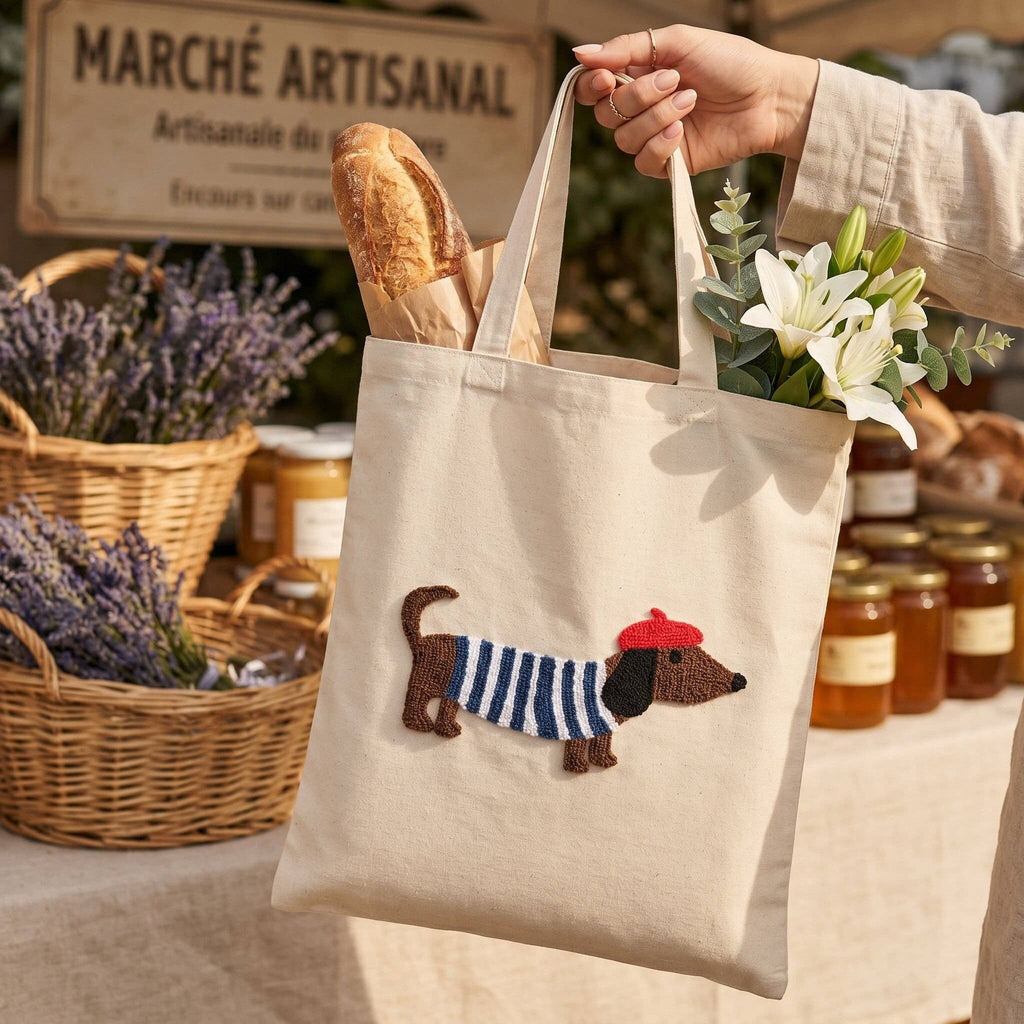 French Dachshund Punch Needle Tote Bag