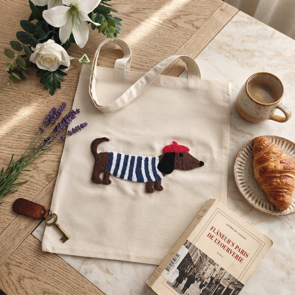 French Dachshund Punch Needle Tote Bag