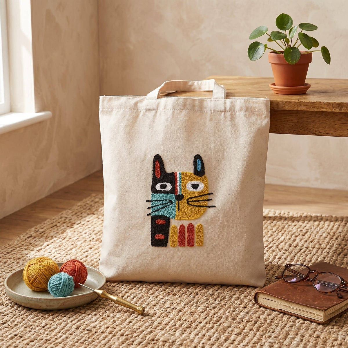 Picasso Cat Punch Needle Canvas Tote Bag