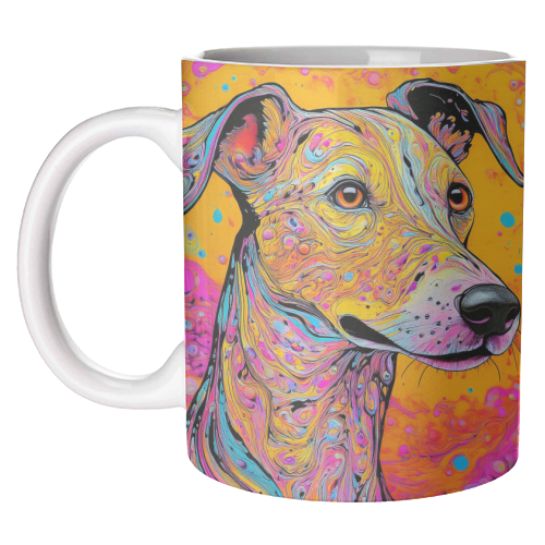 Mugs, Colourful Whippet Dog Marbled Pet Portrait by Adam Reg