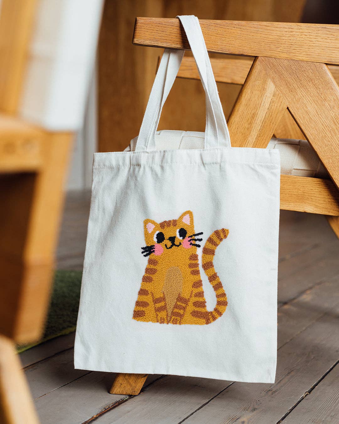 Orange Tabby Cat Punch Needle Canvas Tote Bag