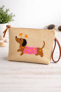 Sausage Dog Pink Coat Punch Needle Jute Clutch Bag