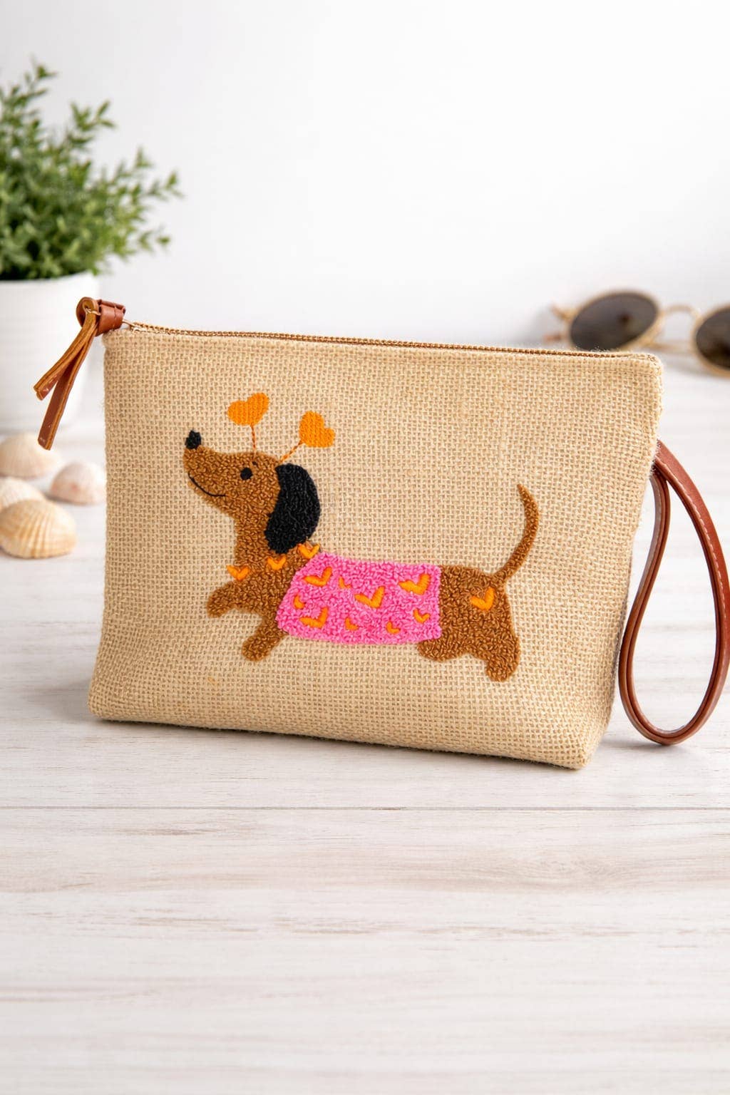 Sausage Dog Pink Coat Punch Needle Jute Clutch Bag