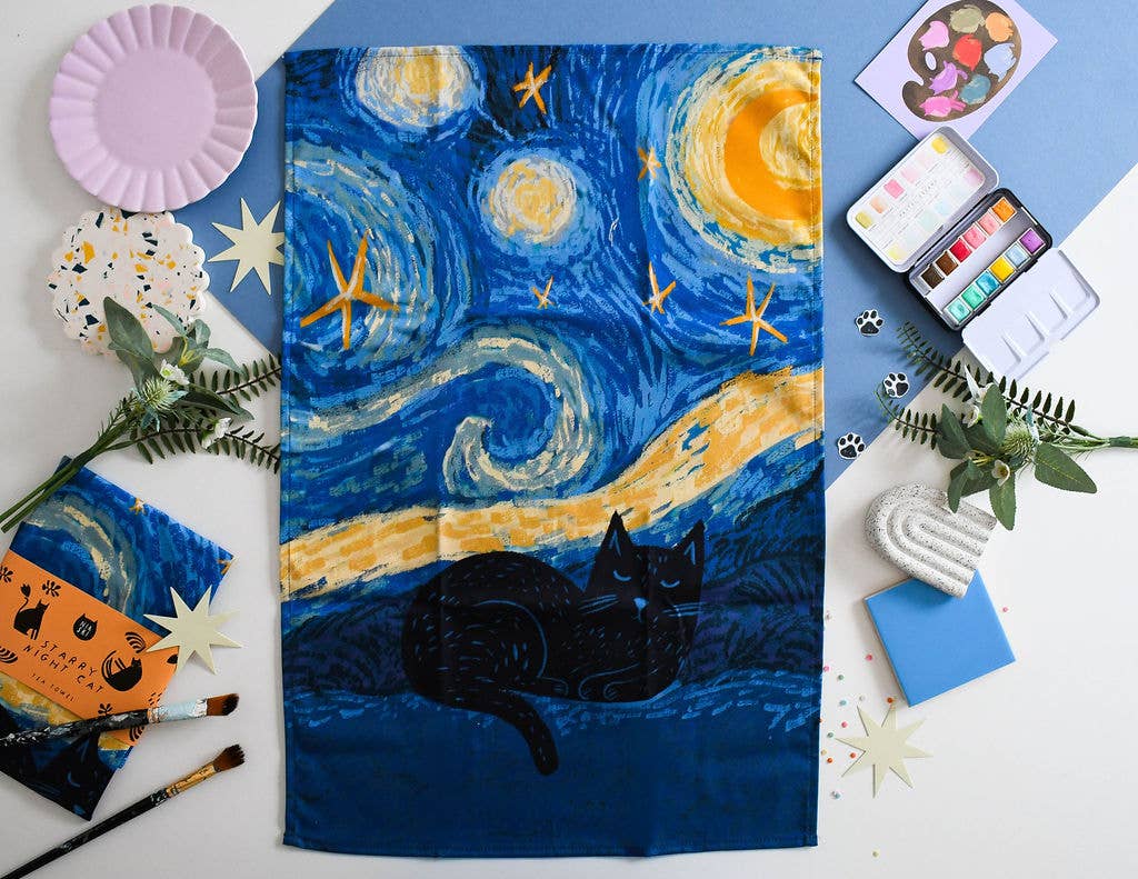 Starry Night Cat Tea Towel 